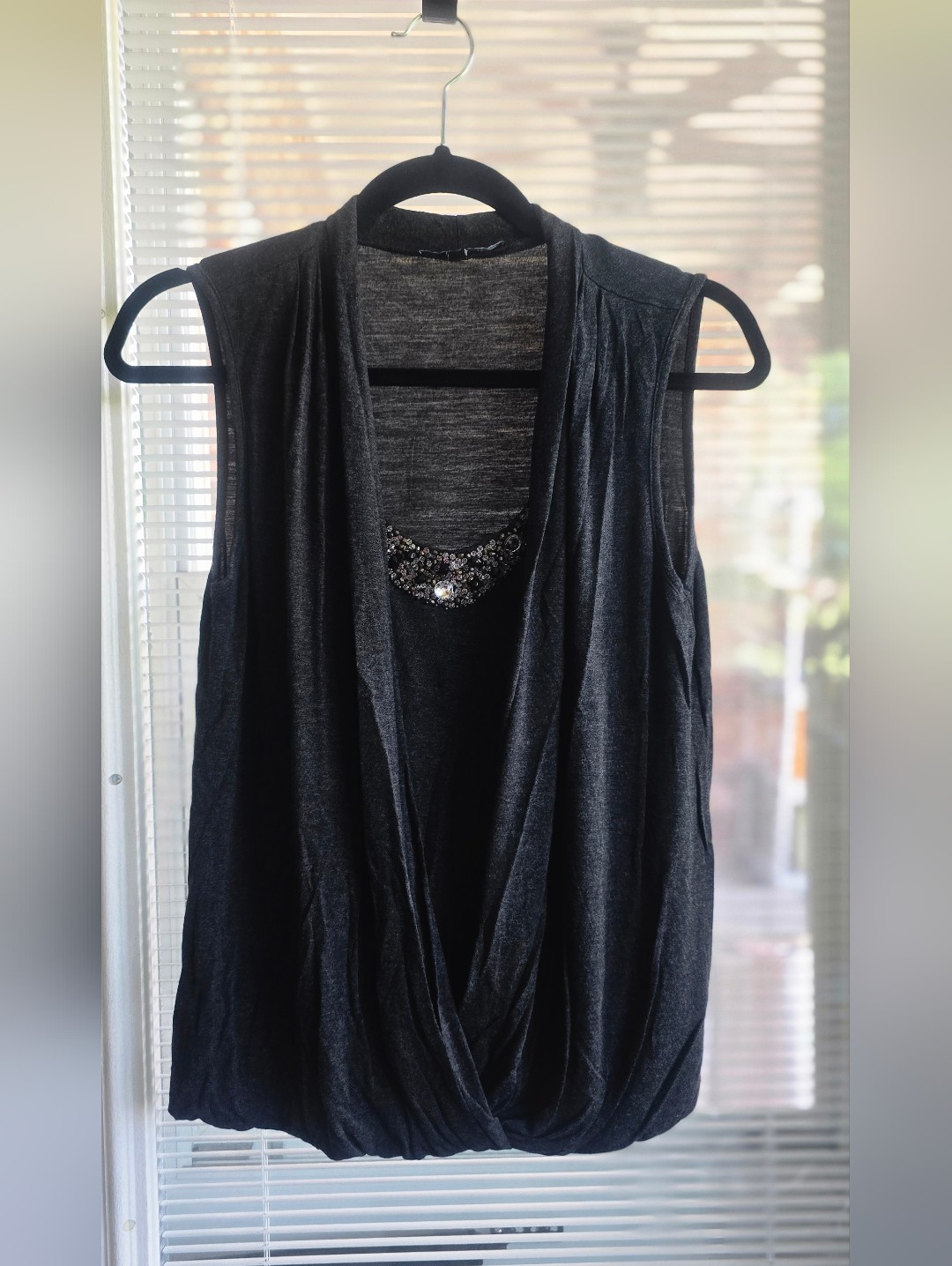 Sleeveless Draped Tank With Beaded Neck Detail